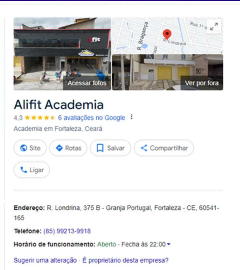 Perfil da Alifit Academia no Google, criado pela Idea Digital