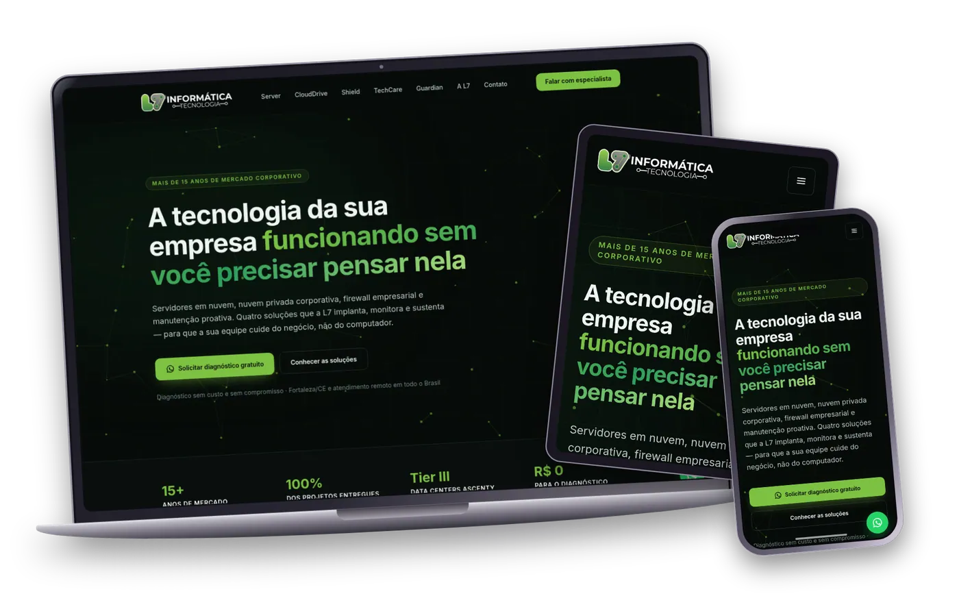 Site da L7 Informática, feito pela Idea, no notebook, no tablet e no celular